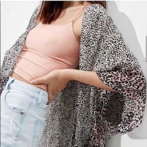 American Eagle Pink Black Leopard Print Midi Length Duster Kimono Wrap Cover Up